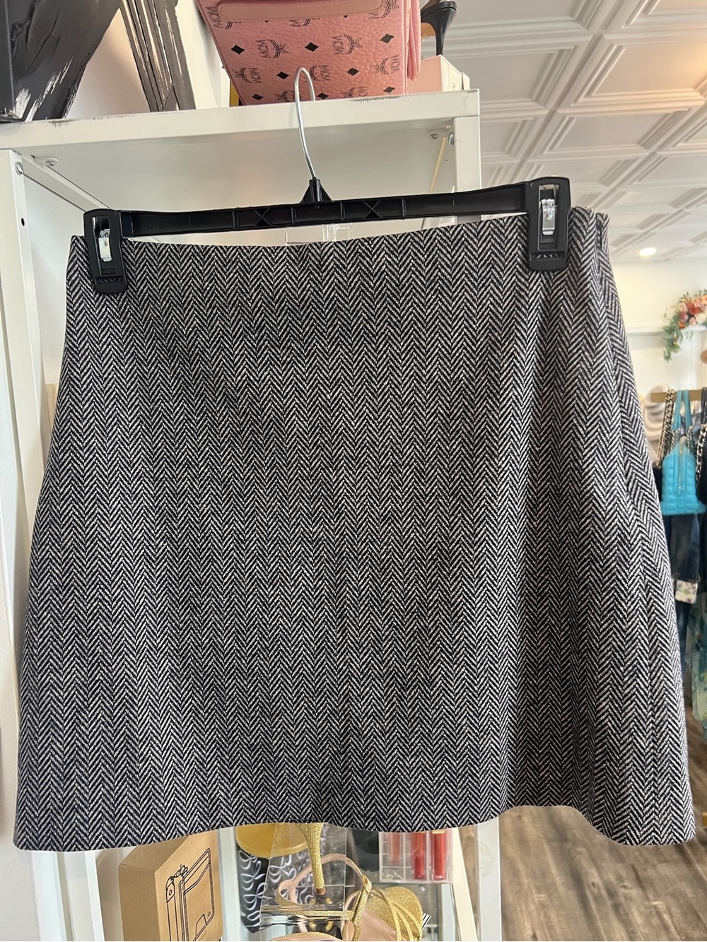 Theory Black and White Herringbone A-Line Skirt